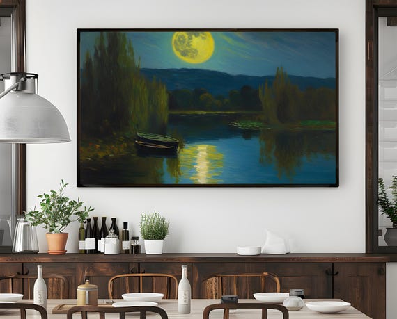 Moonlit River Landscape Wall Art Serene Moonlight Painting Riverboat Paintings River Landscape Art Nature Wall Decor Night Sky Painting