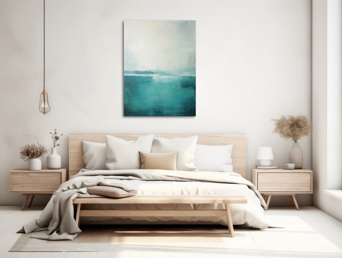 Minimalist Teal Gray Seascape Abstract Ocean Horizon Wall Art - Image 2