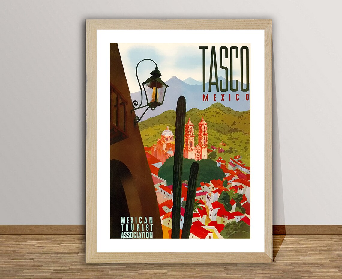 Tasco Mexico Vintage Travel Poster Colonial Town Church Cactus Scene - Image 2