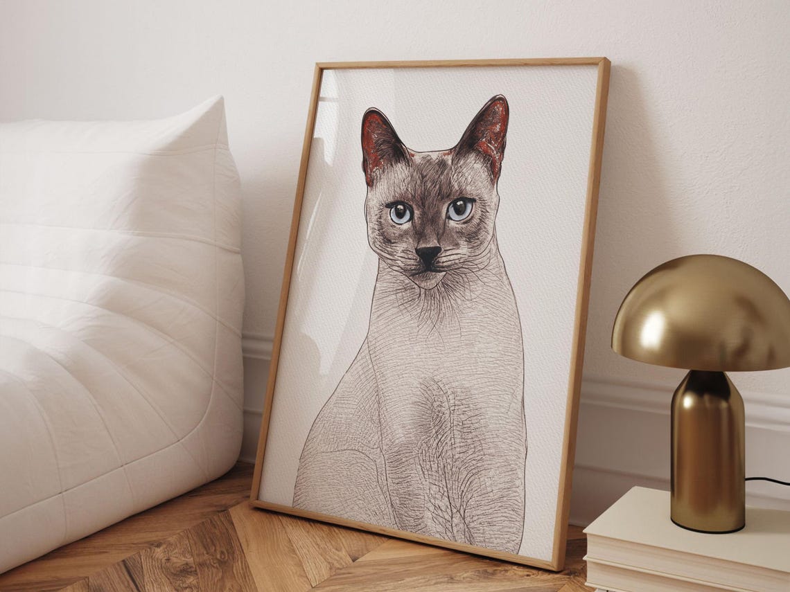 Custom Cat Portrait Sketch White Silver Tabby Green Eyes Cat Wall Art - Image 5