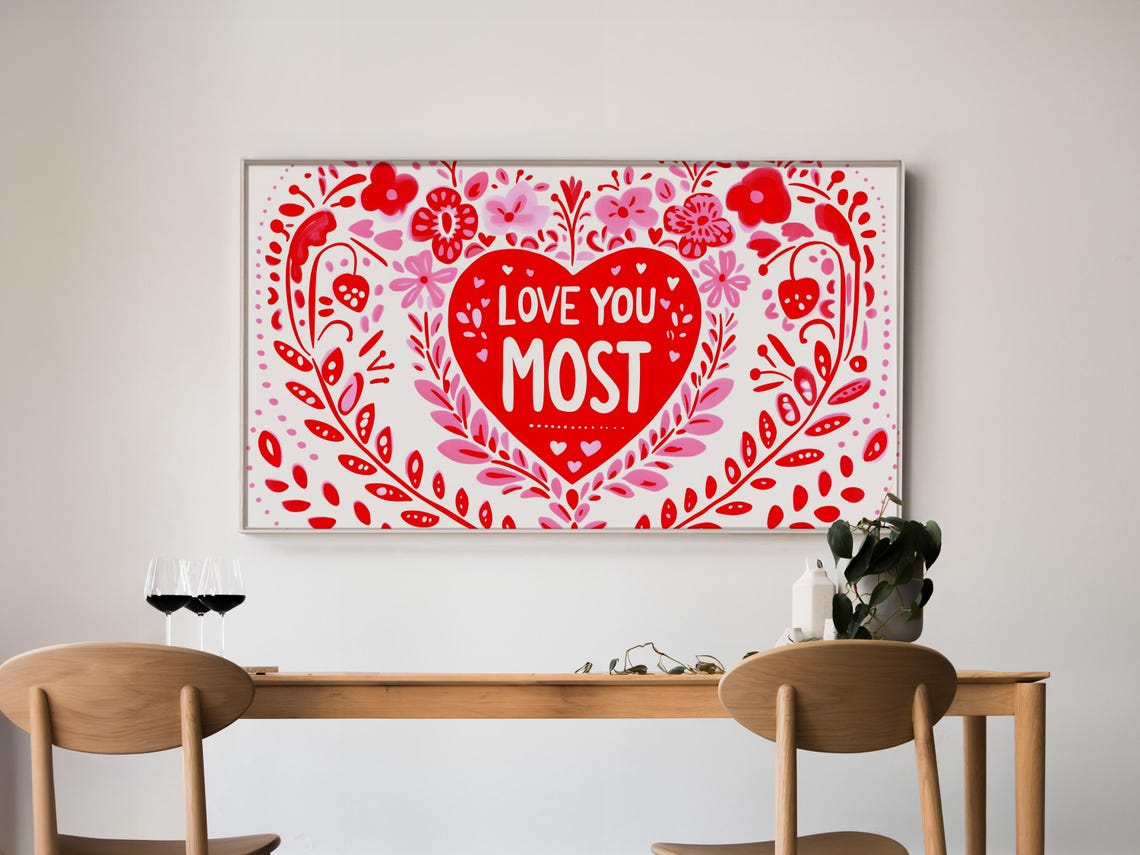 Love You Most Red Heart Folk Floral Valentine Decor Romantic Wall Art - Image 5