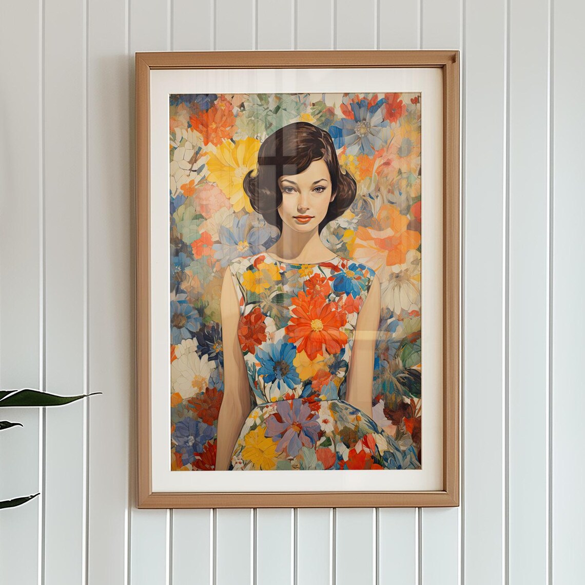 Retro Floral Dress Woman Portrait Midcentury Fashion Wall Art