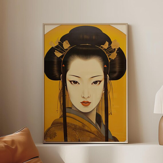 Japanese Portrait Poster Geisha Wall Art Print Illustration In Bold Vintage Style Elegant Drawing For Office