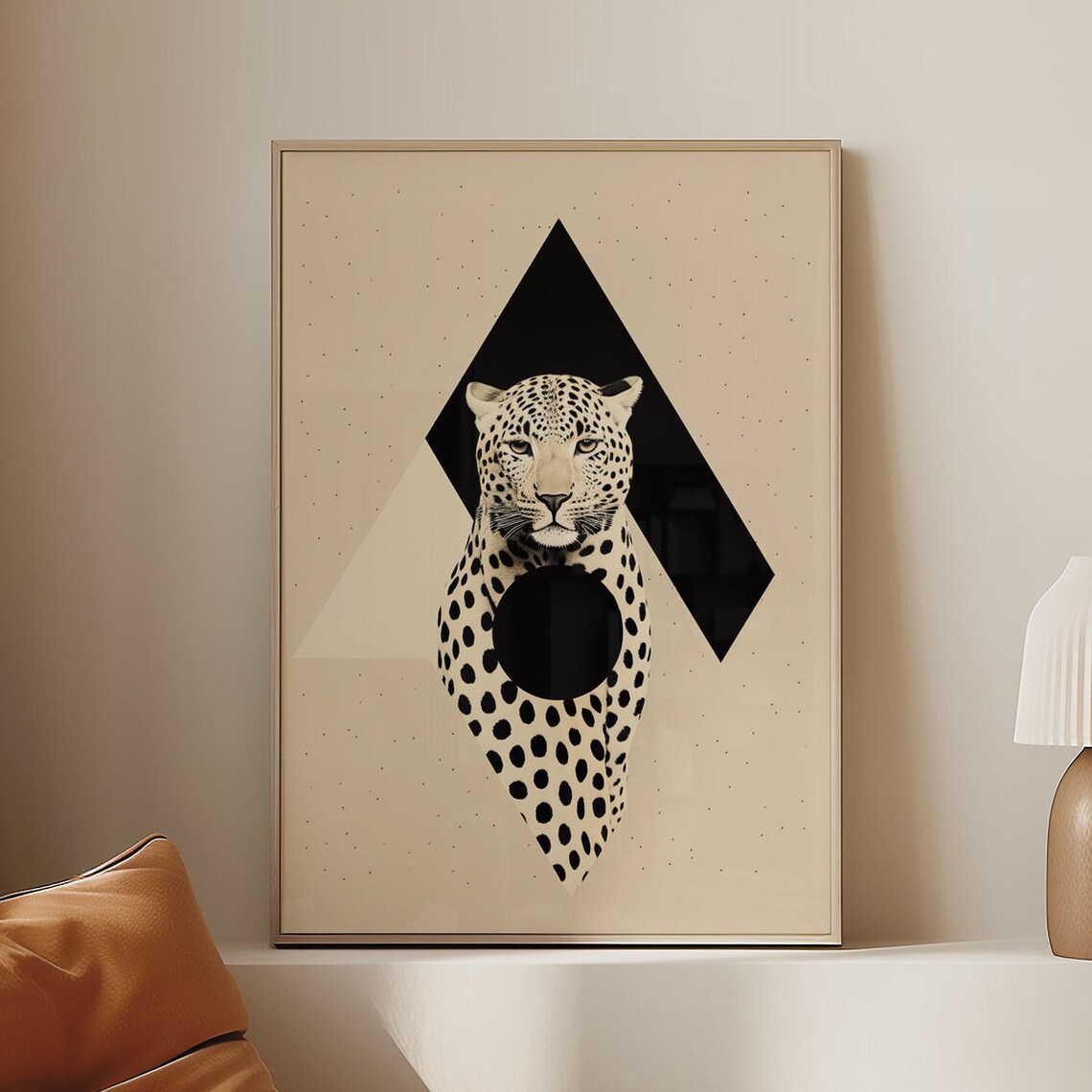 Minimalist Leopard Art Print, Geometric Beige Black