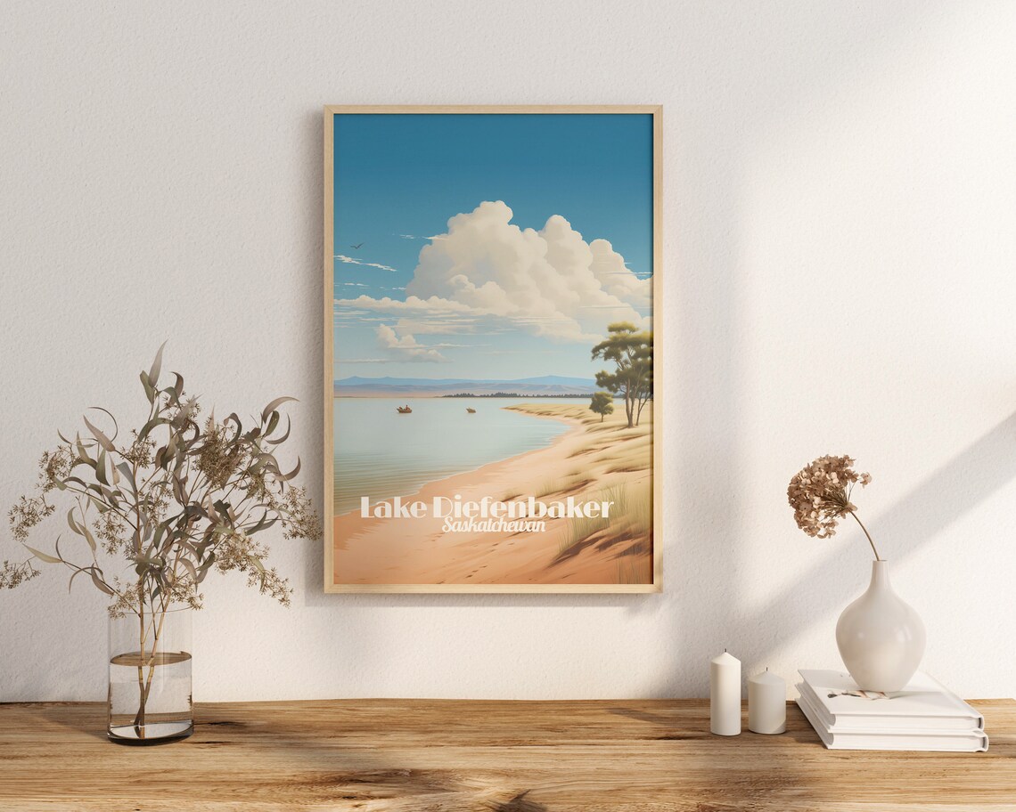Lake Diefenbaker Saskatchewan Beach Shoreline Vintage Travel Art Poster
