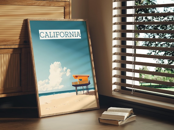 California Beach Orange Lifeguard Tower Minimalist Travel Poster