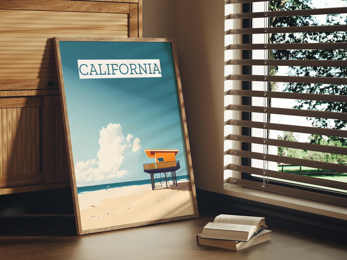 California Beach Orange Lifeguard Tower Minimalist Travel Poster