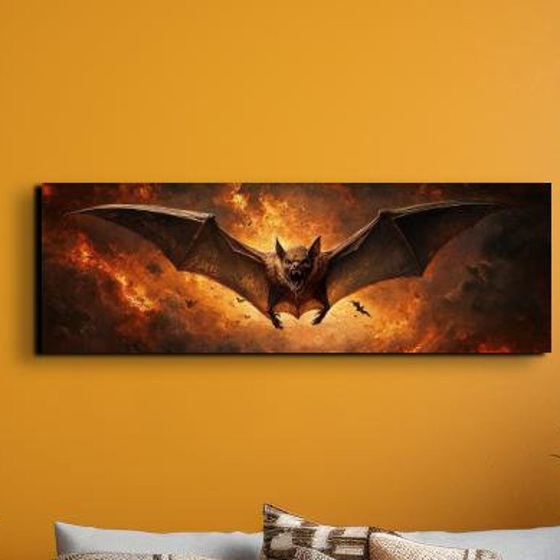 Vampire Bat Soaring Through Ember Clouds Panoramic Horror Poster
