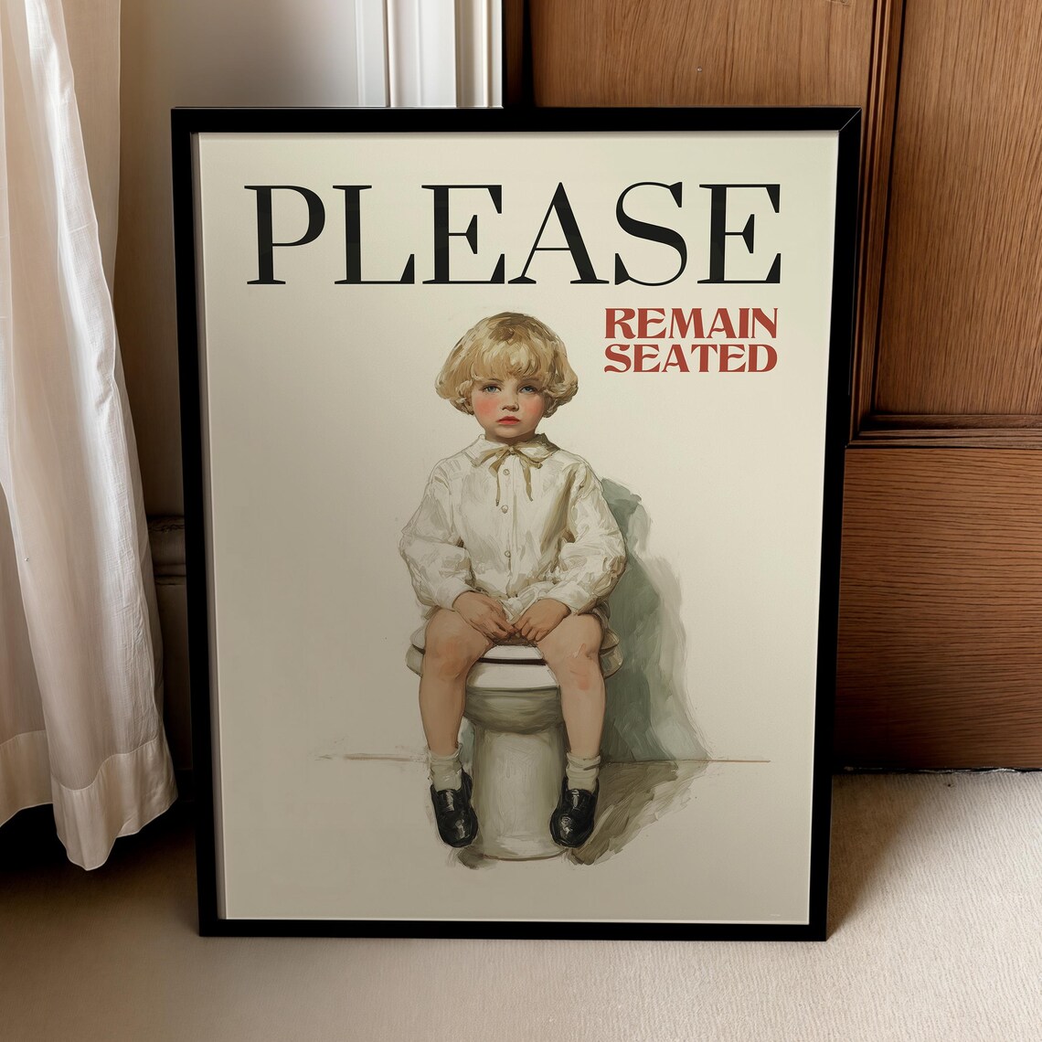 Please Remain Seated, Retro Funny Bathroom Art Print