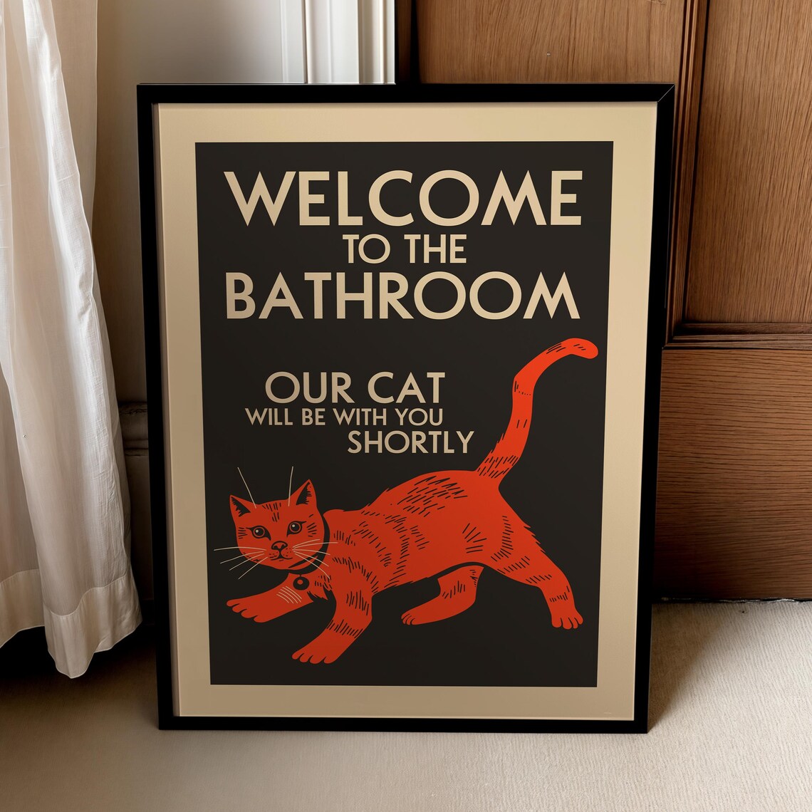 Funny Bathroom Cat Welcome Poster, Guest Loo Decor