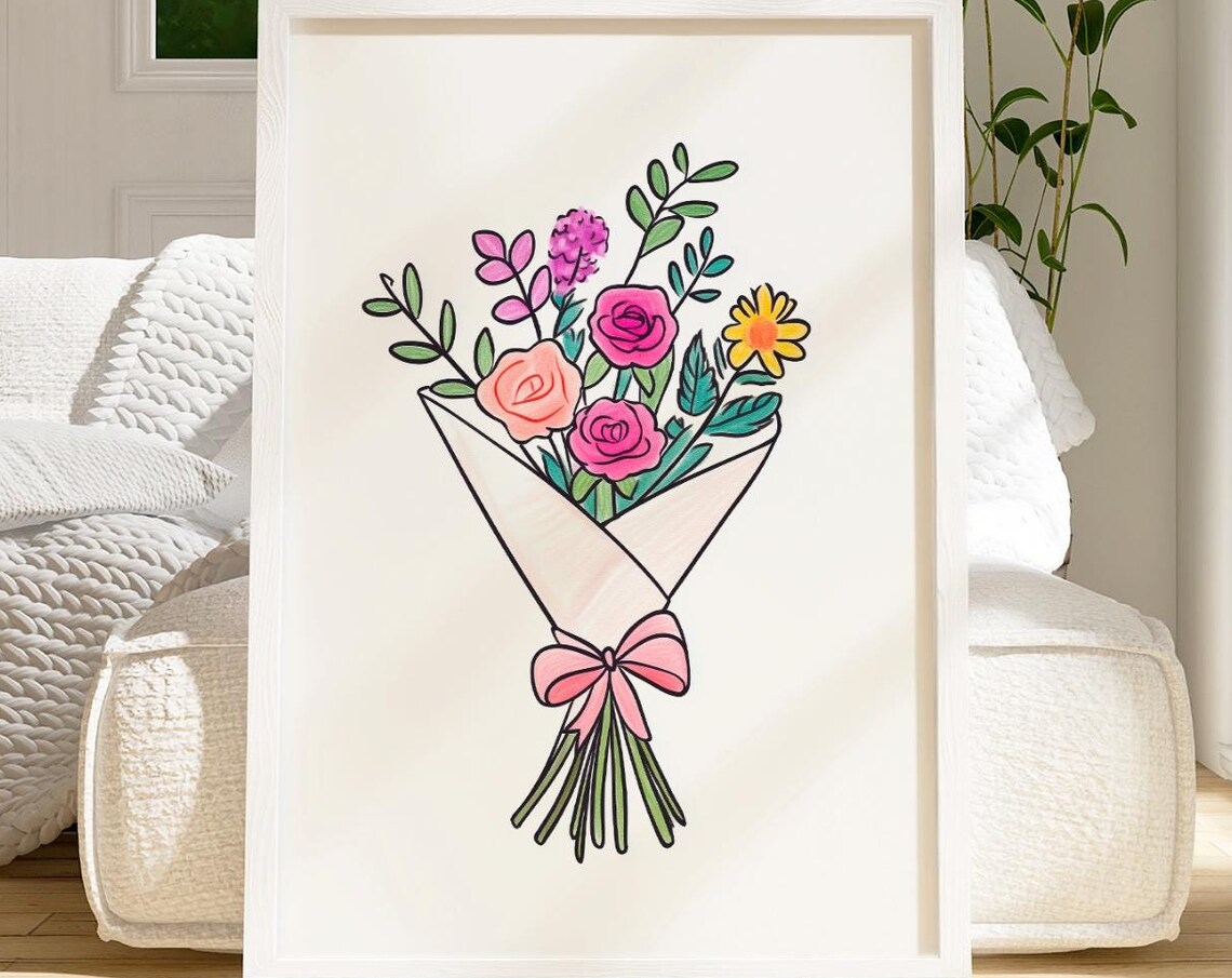 Colorful Flower Bouquet Wrapped With Pink Bow Minimalist Poster - Image 2