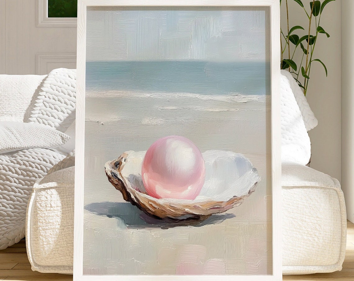Pink Pearl in Oyster Shell on Beach Coastal Watercolor Wall Art - Image 2