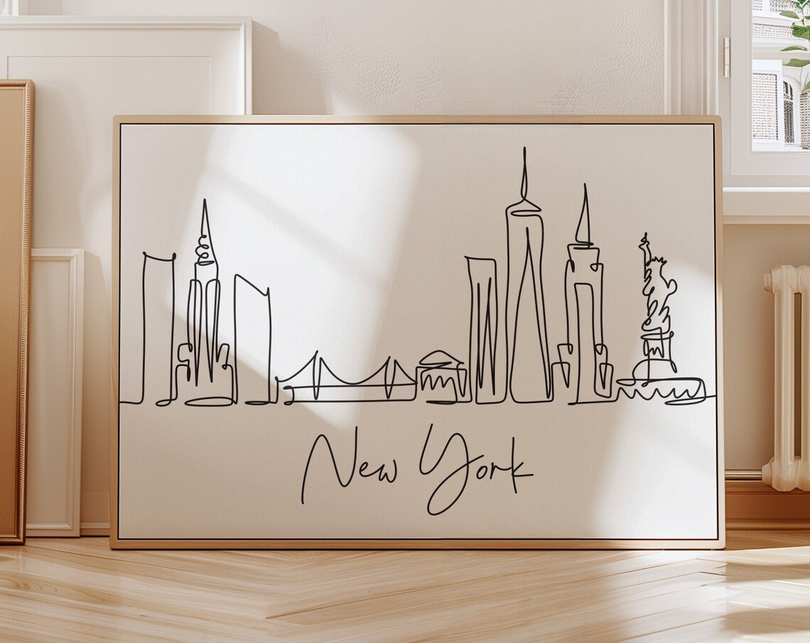 New York City Skyline Black Line Art Statue Of Liberty Poster