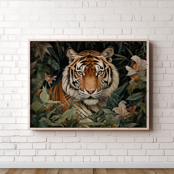 Majestic Tiger Portrait in Dark Jungle Foliage Boho Wall Art