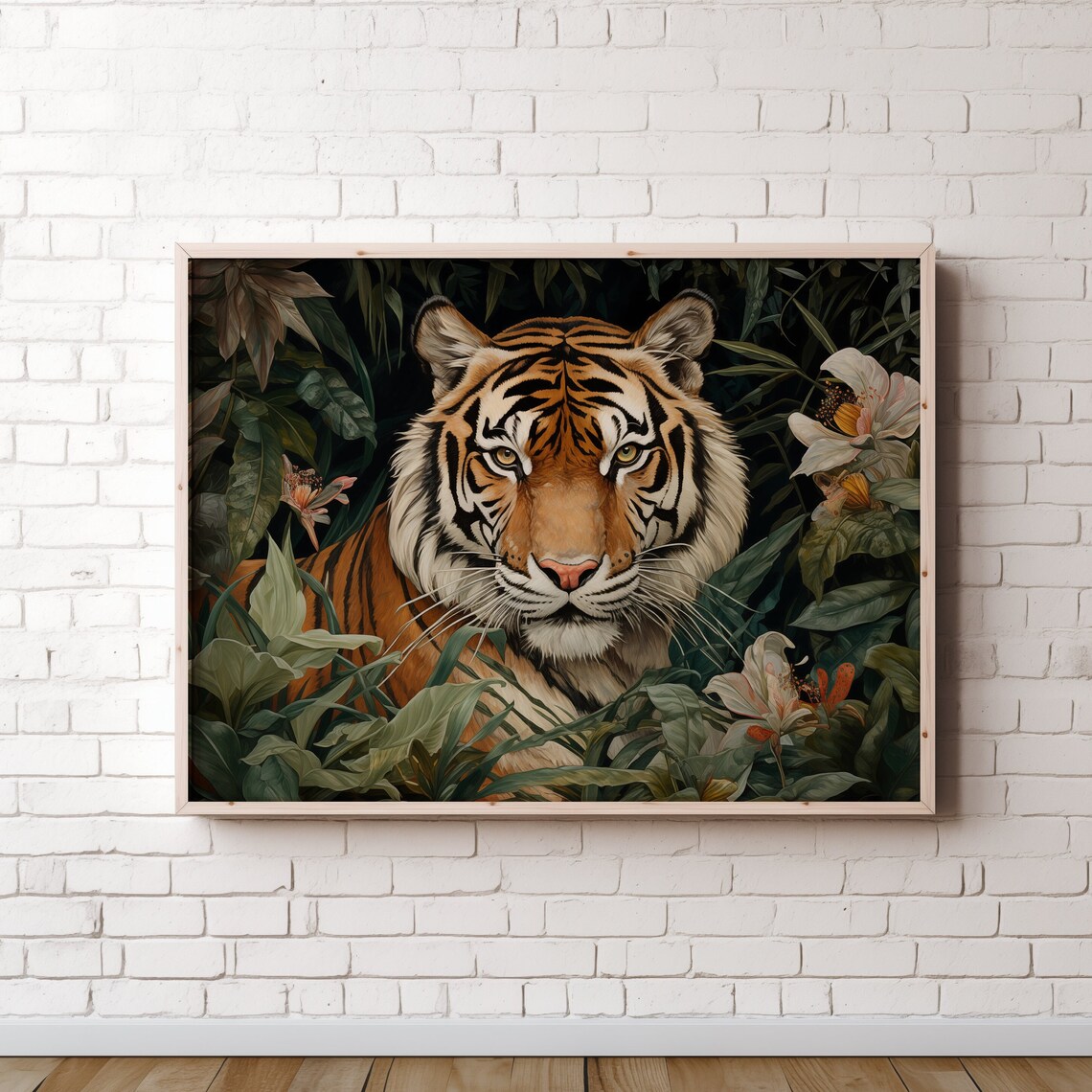 Majestic Tiger Portrait in Dark Jungle Foliage Boho Wall Art