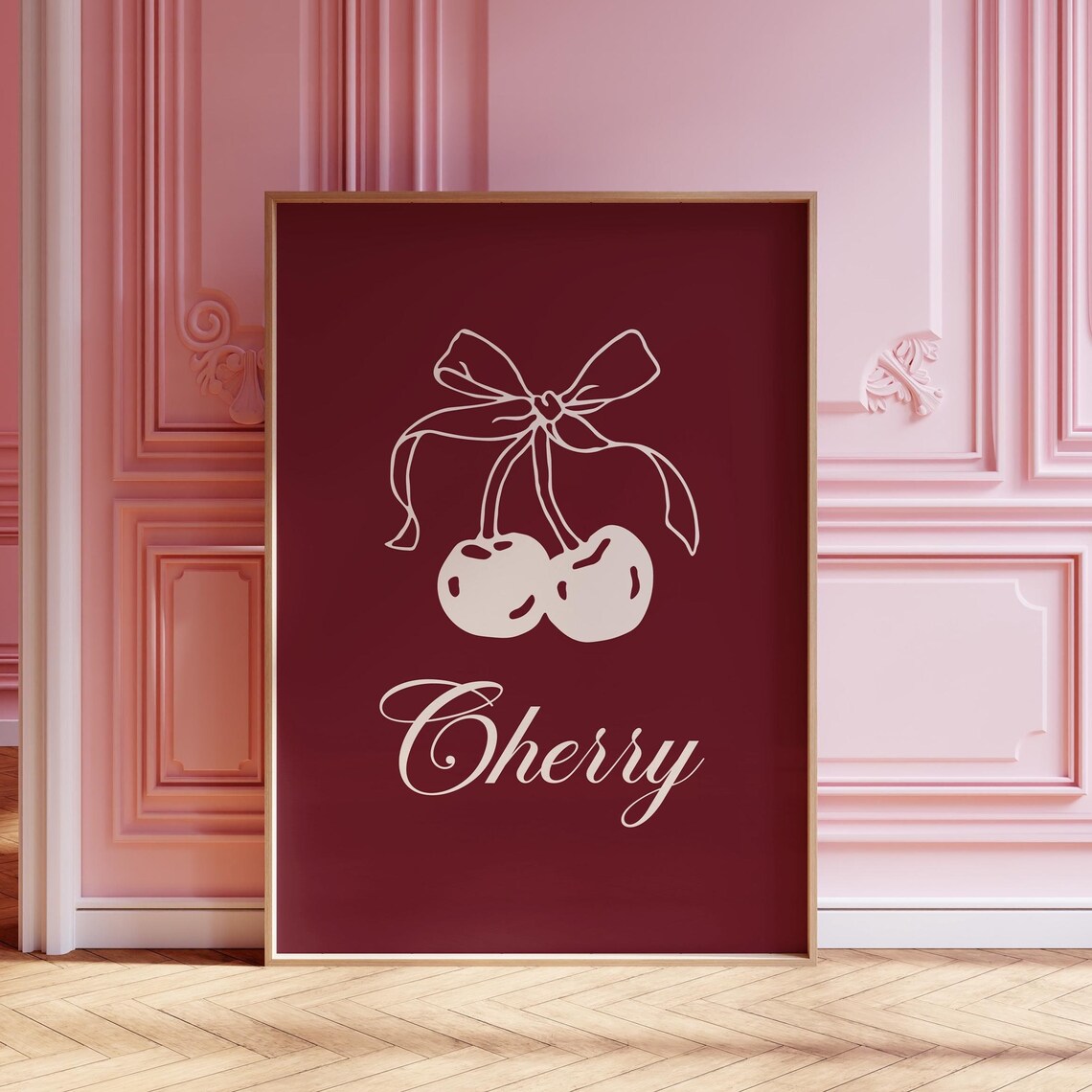 Cherry Burgundy Cream Fruit Bow Retro Kitchen Wall Art Print