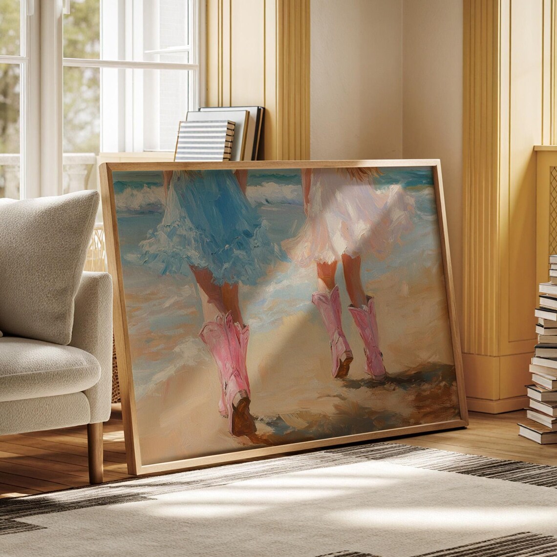 Girls In Pink Cowboy Boots Walking Beach Surf Impressionist Art Poster