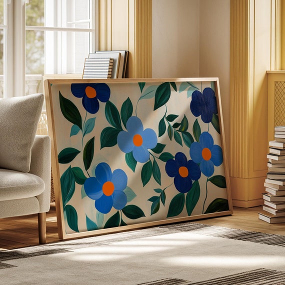 Vibrant Floral Painting With Bold Blue Flowers And Lush Green Leaves On A Soft Background Creating A Lively And Modern Design