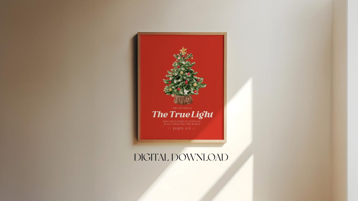 John 1:9 The True Light Christmas Tree Red Vintage Holiday Poster - Image 2