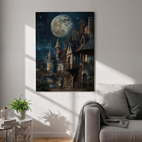 Gothic Castle Canvas Wall Art Moonlit Fantasy Night Scene Framed Witchcore Print Dark Academia Decor For Bedroom And Office