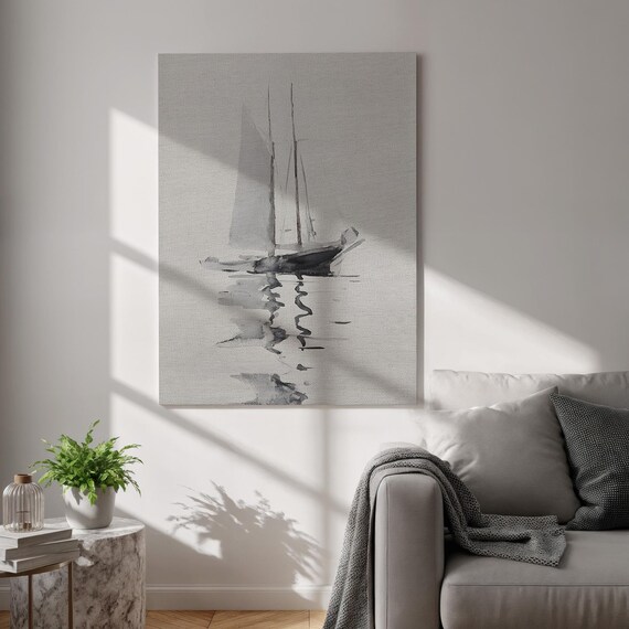 Monochrome Sailboat Minimalist Ink Wash Sea Painting Art Poster