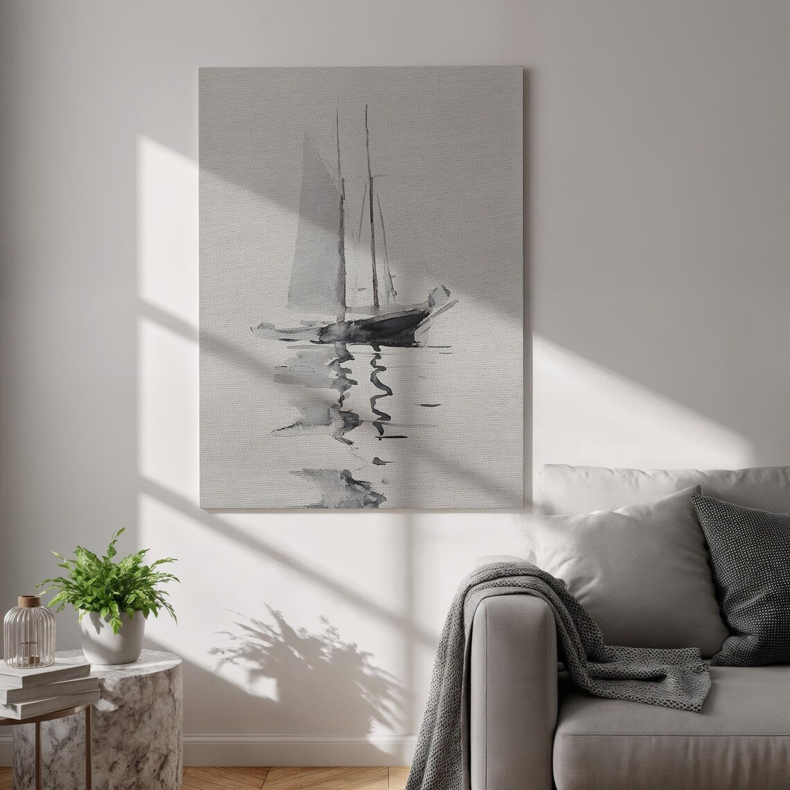 Monochrome Sailboat Minimalist Ink Wash Sea Painting Art Poster