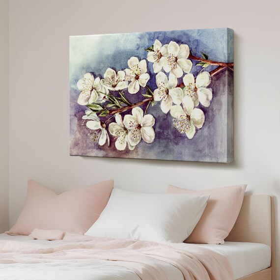 White Plum Blossoms Branch Watercolor Floral Painting Poster