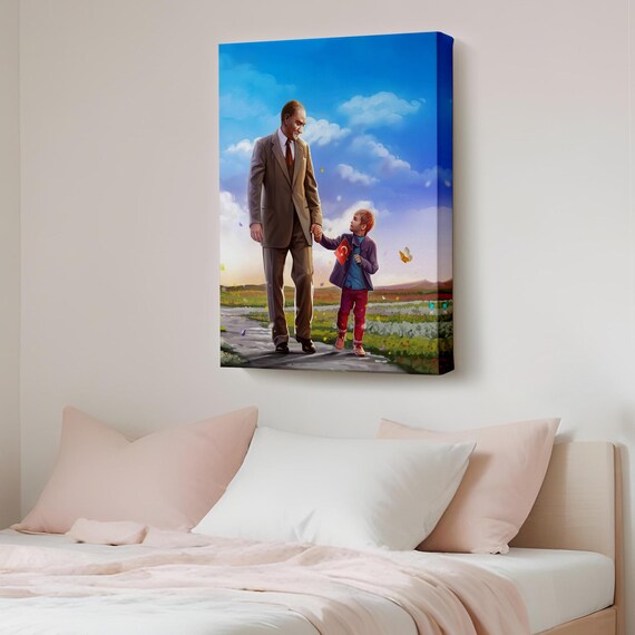 Mustafa Kemal Ataturk Holding Child Hand Turkish Flag Portrait Poster