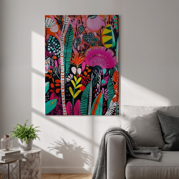 Colorful Botanical Canvas Art Bold Floral Wall Print Whimsical Plant Poster Bright Jungle Decor For Eclectic Rooms And Creative Spaces