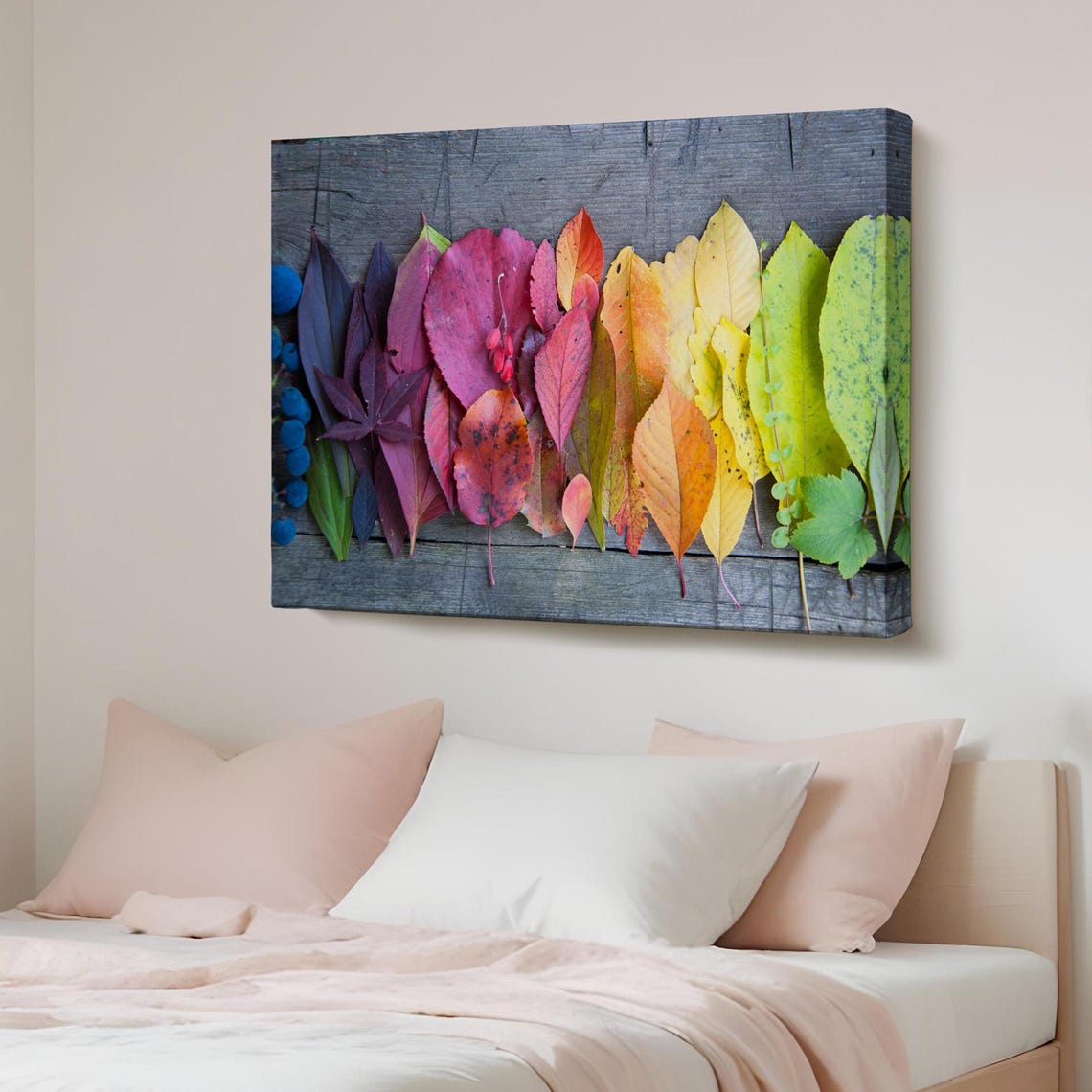 Colorful Autumn Leaves Arranged in a Rainbow on Wood Photo Poster