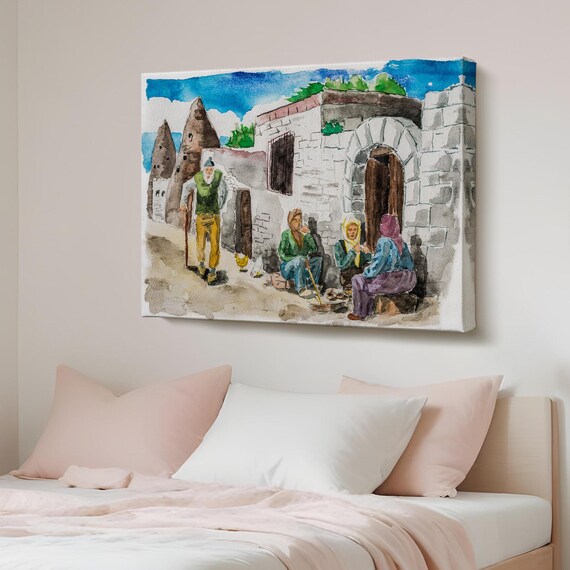 Old Stone Village Elders Watercolor Rustic Daily Life Art Poster