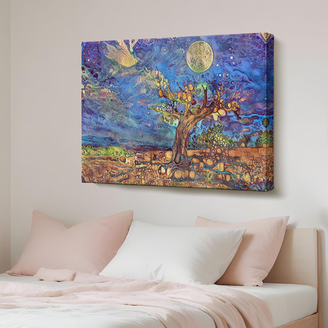 Gnarled Tree Under Full Moon Blue Purple Acrylic Pour Art Poster