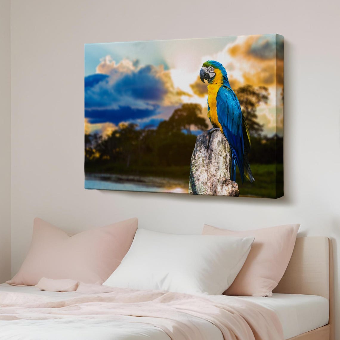 Blue and Yellow Macaw Sunset Perch Wildlife Photography Canvas Poster