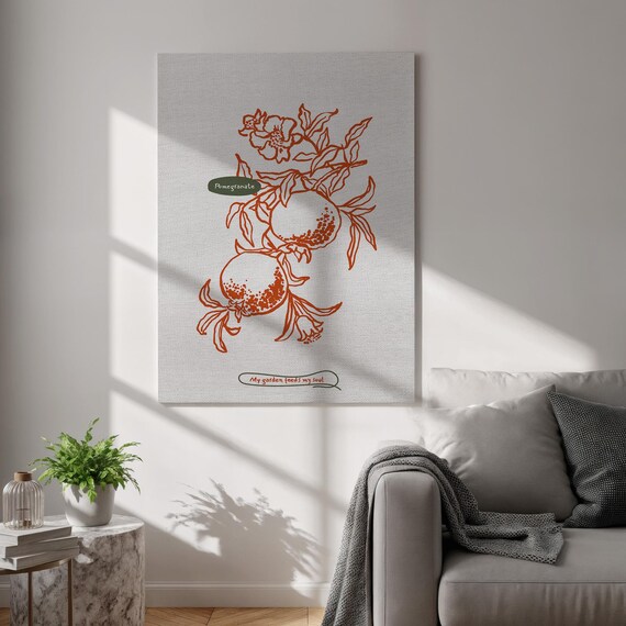 Pomegranate Canvas Print Botanical Fruit Line Drawing Wall Art Minimalist Beige Poster Framed Nature Artwork For Kitchen And Living Room
