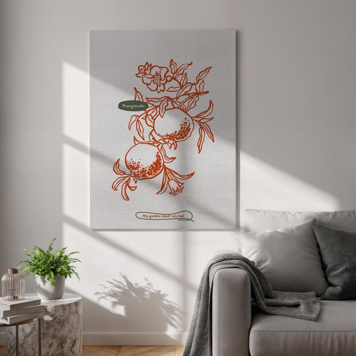 Pomegranate Canvas Print Botanical Fruit Line Drawing Wall Art Minimalist Beige Poster Framed Nature Artwork For Kitchen And Living Room