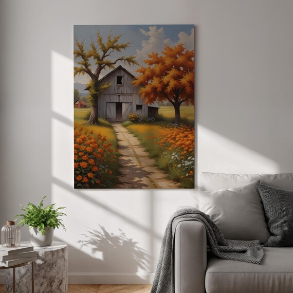 Autumn Country House Canvas Art Vintage Farm Path Wall Decor Cozy Fall Barn Landscape Print Framed Rustic Artwork For Living Room