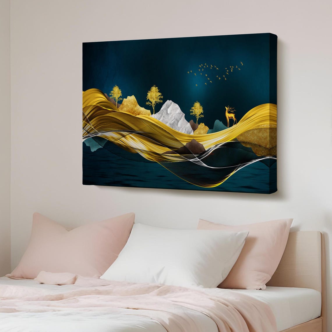Golden Waves Deer Mountain Teal Abstract Luxury Modern Canvas Wall Art