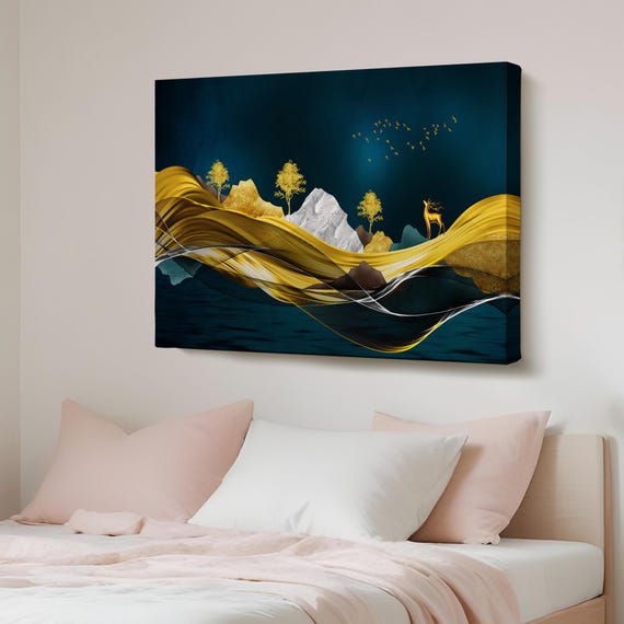 Golden Mountains Decorative Wall Art Framed Canvas Abstract Housewarming Gifts Modern Decor
