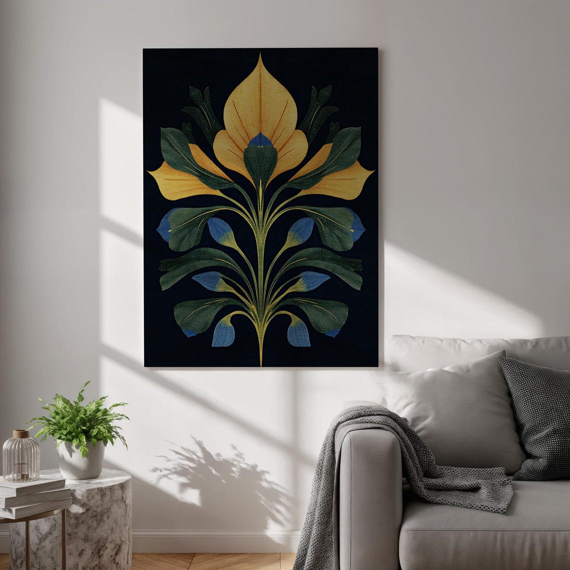 Golden Botanical Flower on Black Dark Floral Elegant Abstract Poster
