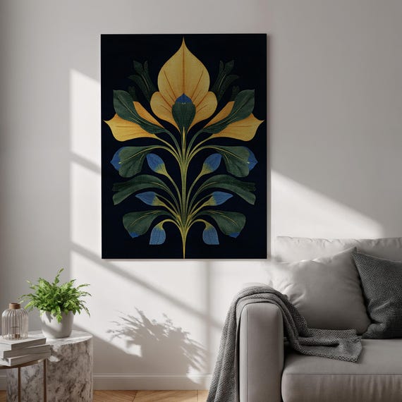 Abstract Botanical Flower Canvas Print Dark Floral Wall Art Golden Blue Plant Illustration Modern Natureinspired Poster For Home Decor