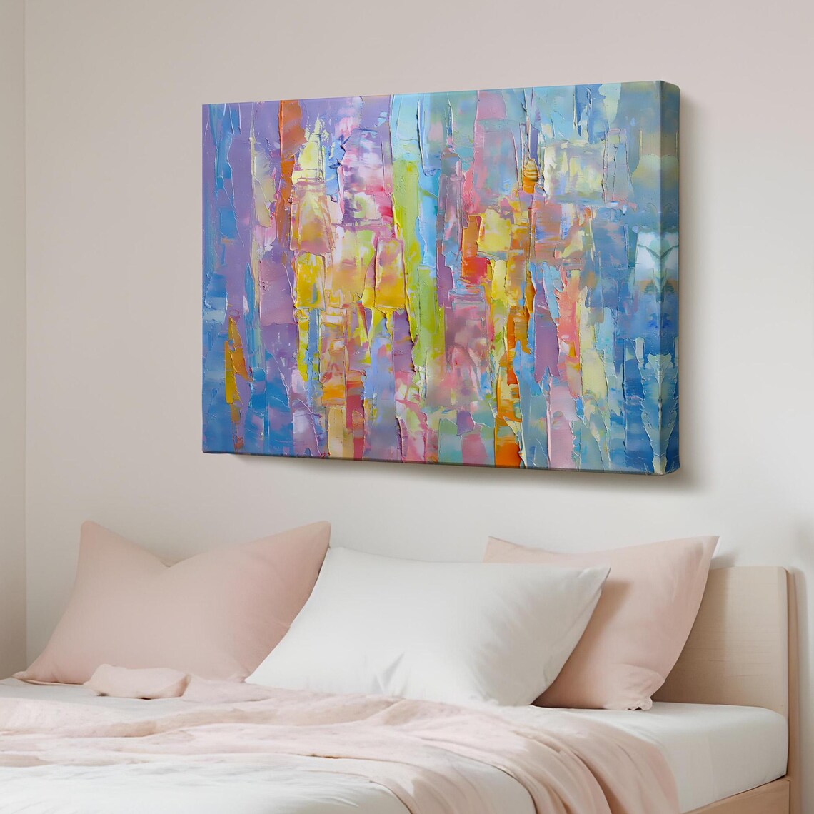 Soft Pastel Vertical Brushstrokes Abstract Calm Modern Bedroom Wall Art