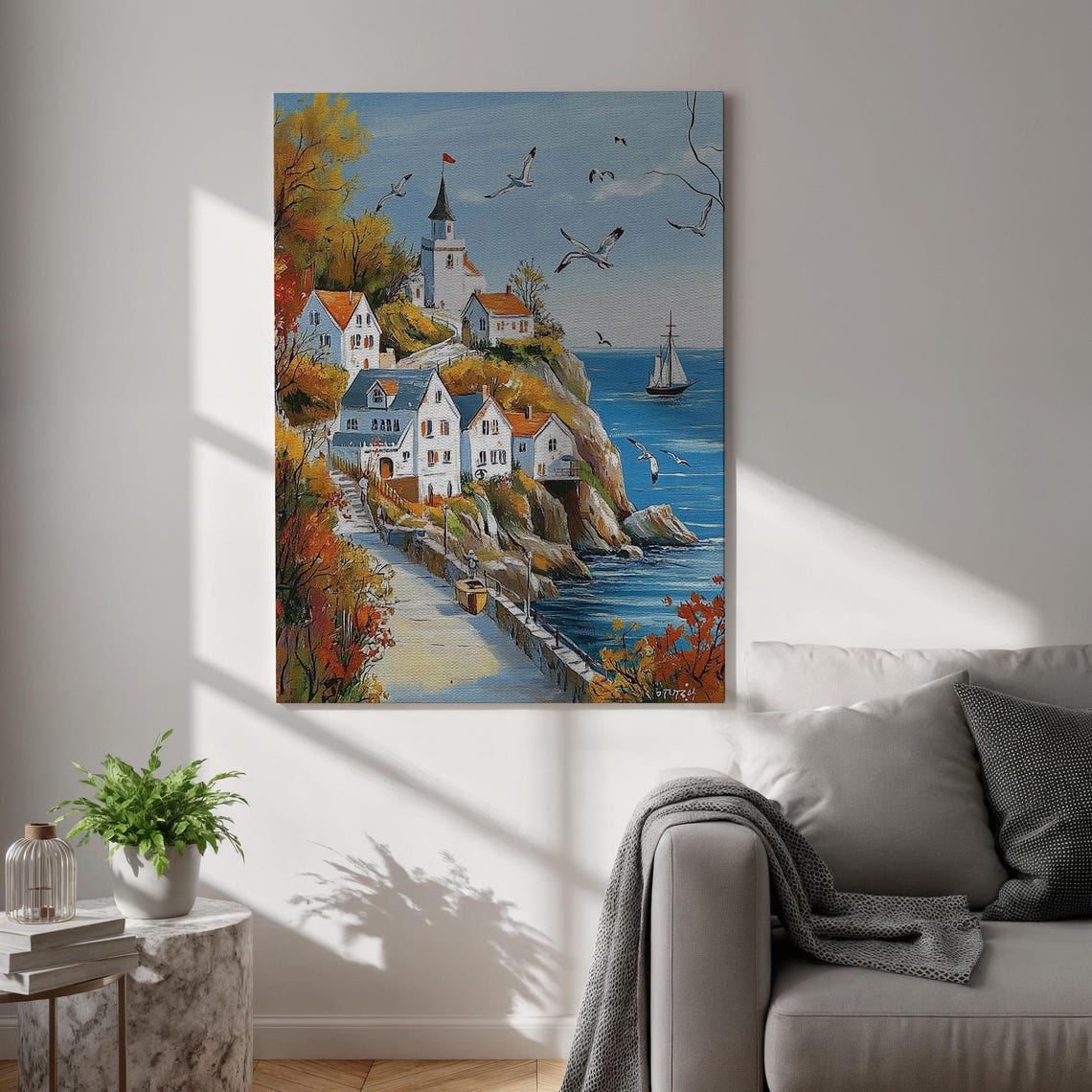 Coastal Cliff Village Seagulls Sailboat Impressionist Art Poster