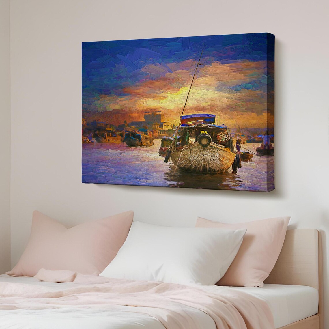 Floating Market Wooden Boats Sunset Harbor Impasto Style Art Poster