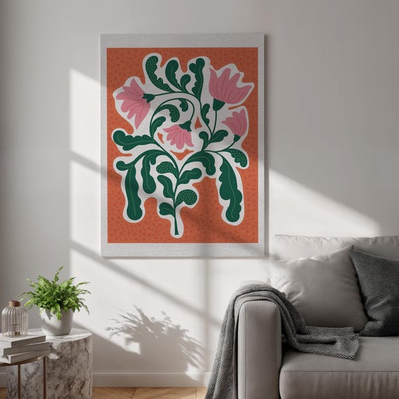 Folk Floral Canvas Wall Art Retro Pink Flower Poster Bold Leaf Illustration Print Framed Botanical Decor For Studio And Bedroom