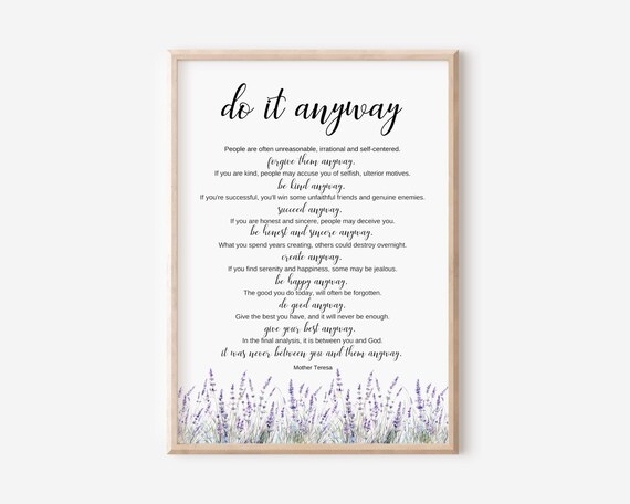 Mother Teresa Do It Anyway Poem Lavender Border Inspirational Poster Art