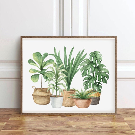 Watercolor Houseplant Painting Artwork Potted Plant Poster Foliage Greenery Indoor Monstera Palm Leaf Print Botanical