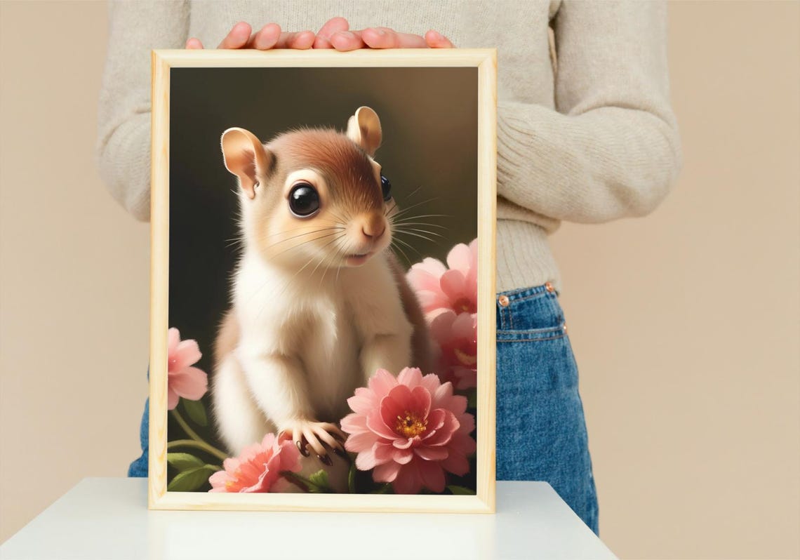 Cute Baby Squirrel Big Eyes Nestled Pink Cosmos Flowers Garden Poster - Image 5