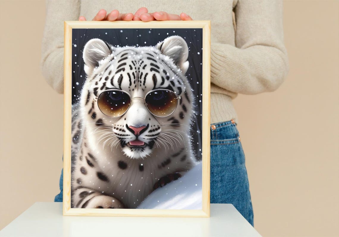 Baby Snow Leopard Wall Art Home Decor Cute Animal Painting Living Room Art - Image 5