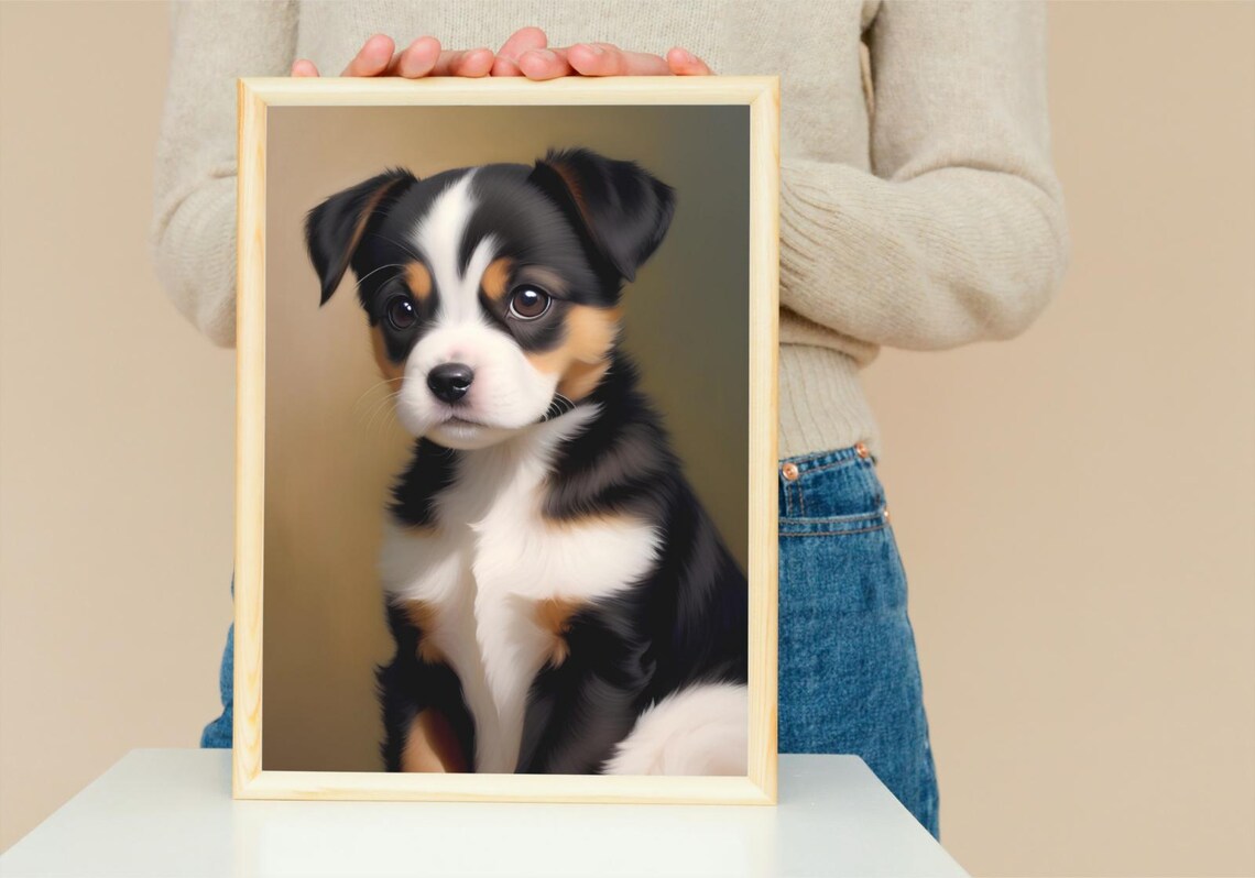 Cute Tricolor Puppy Black White Tan Big Soulful Eyes Portrait Poster - Image 5