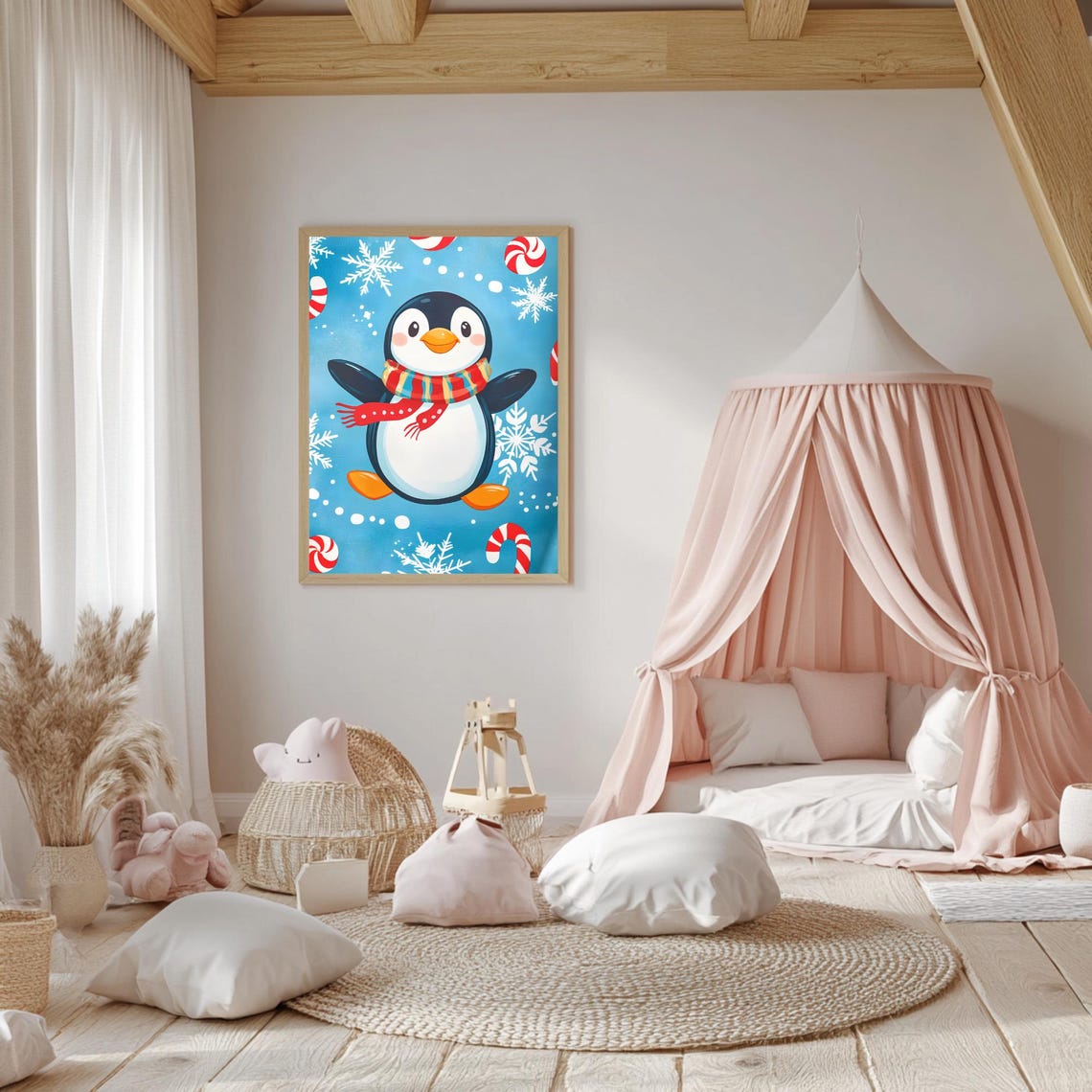 Cute Cartoon Penguin Striped Scarf Candy Cane Snowflake Winter Poster - Image 5
